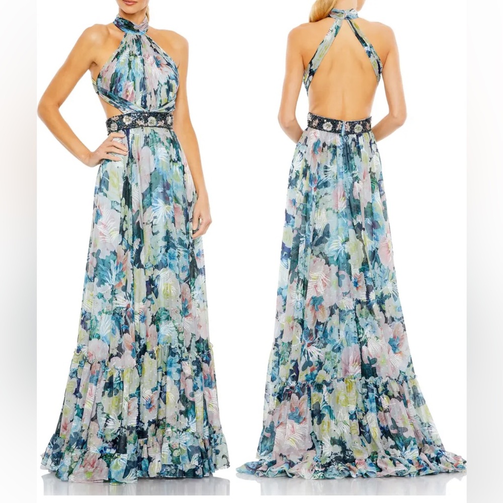 Mac Duggal Floral Halter Open-Back Evening Gown in Blue, Green, Pink